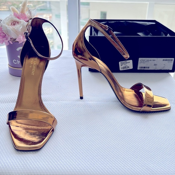 Saint Laurent Metallic Lambskin Amber 105 Ankle Strap Sandals 39.5 Egypt Gold - Picture 5 of 12